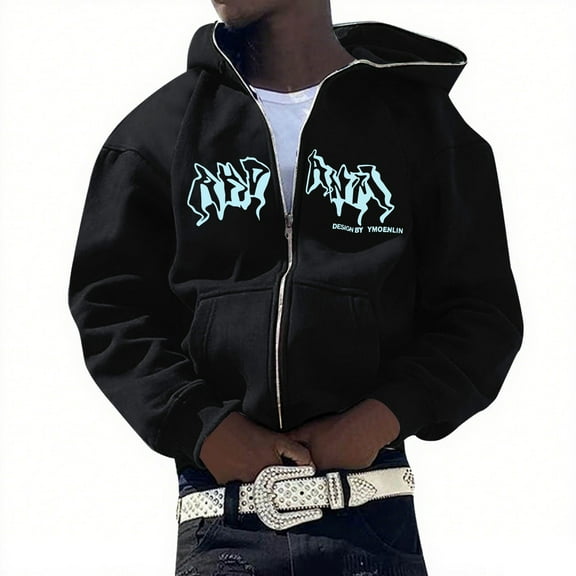 SJLDQY Mens Hoodies Casual Pullover Hooded Sweatshirts for Men Zip Up Letter Graphic Y2K Fall Winter Hoodie With Pocket