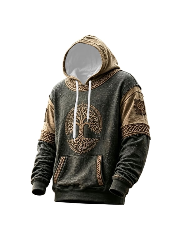 Mens Hoodies Vikings Norse Mythology Graphic Hooded Sweatshirts for Men Casual Hoodie Winter Warm Pullover Tops with Pockets