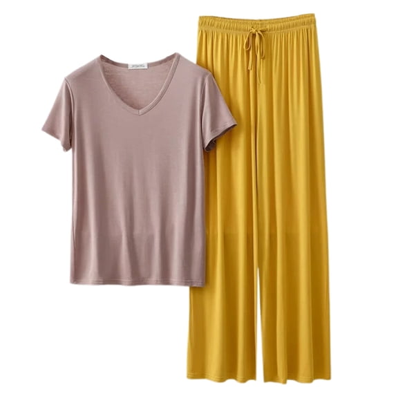 SJLDQY Pajamas for Women Sets V Neck Short Sleeve with Loose Fit Pants Sleepwear 2 Piece Solid color Lounge Set