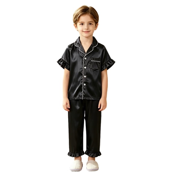 SJLDQY Satin Pajamas for Girls Button Down Short Sleeve Shirts Ruffle Pants 2 Piece Silk Pjs Sets Summer Sleepwear Breathable Soft Loungewear Sets