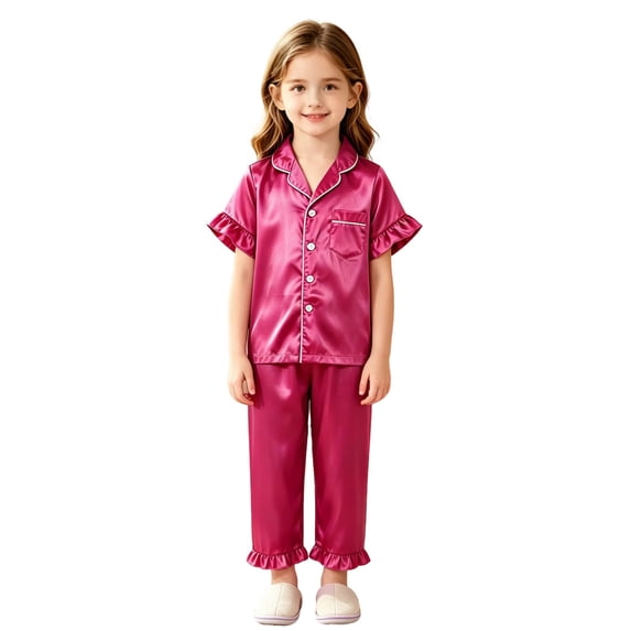 SJLDQY Satin Pajamas for Girls Button Down Short Sleeve Shirts Ruffle Pants 2 Piece Silk Pjs Sets Summer Sleepwear Breathable Soft Loungewear Sets