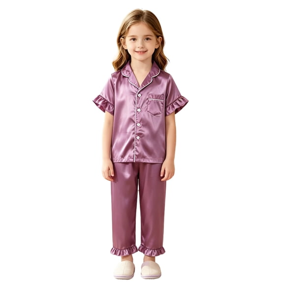 SJLDQY Satin Pajamas for Girls Button Down Short Sleeve Shirts Ruffle Pants 2 Piece Silk Pjs Sets Summer Sleepwear Breathable Soft Loungewear Sets