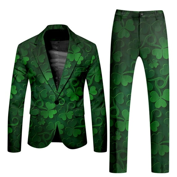 SJLDQY St. Patrick's Day Mens 2 Peice Suit Set Fashion Dress Suits for Men Clover Graphic One Button Blazer Jacket Pants Elegant Business Wedding Party Outfits
