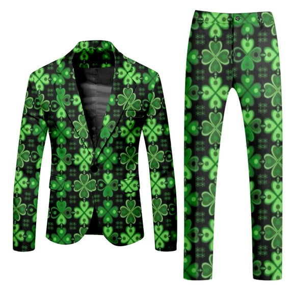 SJLDQY St. Patrick's Day Mens 2 Peice Suit Set Fashion Dress Suits for Men Clover Graphic One Button Blazer Jacket Pants Elegant Business Wedding Party Outfits