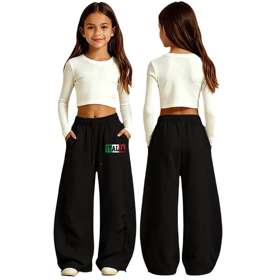 SJLDQY Sweatpants for Girls Letter Graphic Wide Leg Pants Drawstring Waist Straight Leg Pants with Pockets