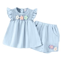 SJLDQY Toddler Baby Girl Outfits Summer Clothes 3D Flower Ruffle Sleeveless Smocked Tunic Top Shorts 2Pc Sets