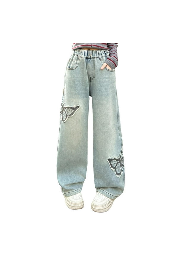 Toddler Baby Girls Jeans Wide Leg Baggy Jeans for Girls Casual Embroidered Elastic Waist Kids Fall Winter Denim Pant With Pockets