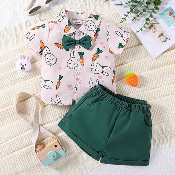 SJLDQY Toddler Boy Outfits British Style Easter Short Sleeve Shirt & Bow Tie Collar Shorts For Summer Sets 12-18 Months