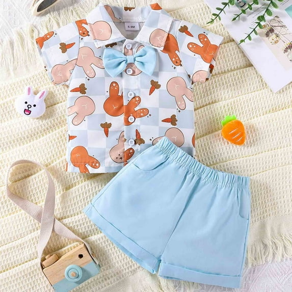 SJLDQY Toddler Boy Outfits British Style Easter Short Sleeve Shirt & Bow Tie Collar Shorts For Summer Sets 3-6 Months