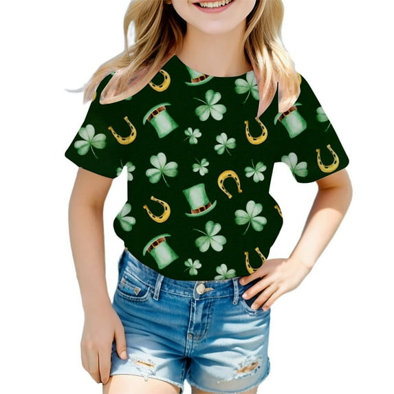 SJLDQY Toddler Child Girls T Shirt St. Patrick's Day Crewneck Short Sleeve Clover Print Soft Casual Loose Fashion Tops Tee