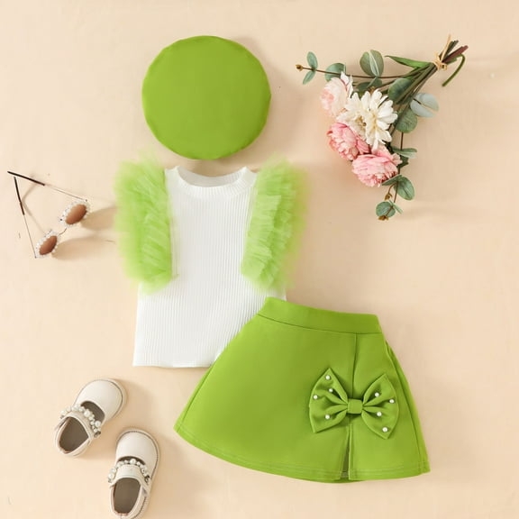 SJLDQY Toddler Outfits for Girls for Sleeveless Ribbed Tops T Shirt Bowknot Skirts Hat Set Green 2-3 Years