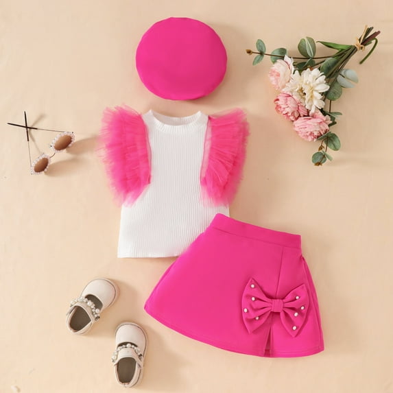 SJLDQY Toddler Outfits for Girls for Sleeveless Ribbed Tops T Shirt Bowknot Skirts Hat Set Hot Pink 2-3 Years