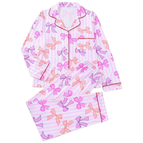 SJLDQY Valentines Women's Pajamas Set 2 Peice Pjs Set for Women Valentine's Day Bowknot Graphic Long Sleeve Pajama Tops Pants Lightweight Comfy Homewear Sleepwear Outfits