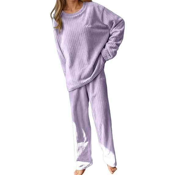 SJLDQY Women's Flannel Pajamas Set 2 Peice Pjs Set for Women Solid Color Ribbed Long Sleeve Pajama Tops Pants Warm Winter Homewear Sleepwear Outfits