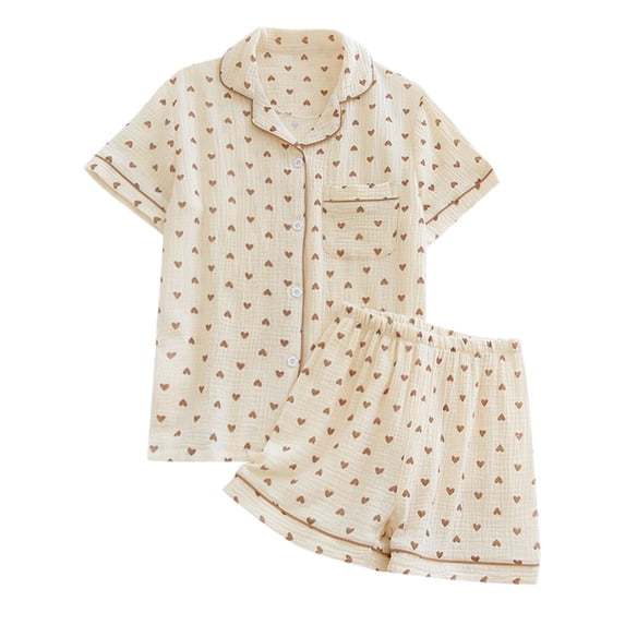 SJLDQY Women's Pajama Sets 2 Piece Heart Printed Pjs Sets for Womens Button Down Short Sleeve Tops and Shorts Soft Sleepwear