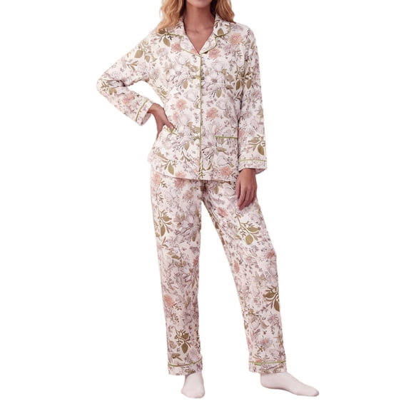SJLDQY Women's Pajamas Set 2 Peice Pjs Set for Women Casual Floral Graphic Long Sleeve Pajama Tops Pants Soft Comfy Homewear Sleepwear Outfits