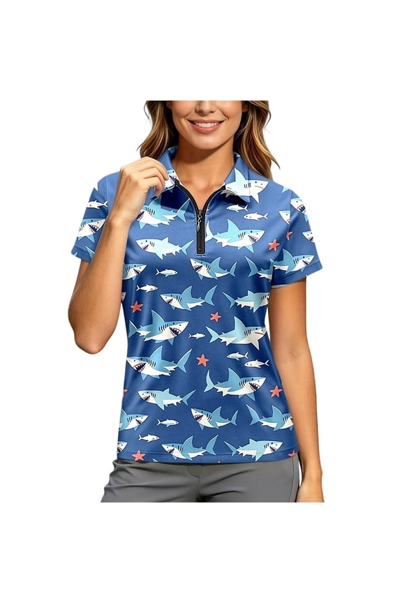 Women's Polo Shirts Short Sleeve Half Zip Shirts for Women Casual Lapel Cartoon Shark Graphic Breathable Blouses Tops