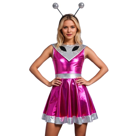 SJLDQY Womens Alien Dress Up Fashion Metallic Dress With Headwear Outfits Funny Stage Performance Clothes Set