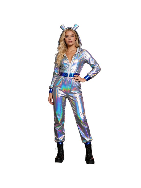 Womens Alien Dress Up Fashion Metallic Jumpsuit Funny Stage Performance Bodysuits