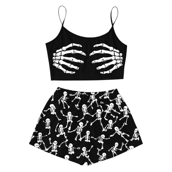 SJLDQY Womens Halloween Silk Pajama Sets Cami Top Shorts 2 Piece Pj Sets for Women Hallowmas Skeleton Graphic Sleepwear Soft Loungewear