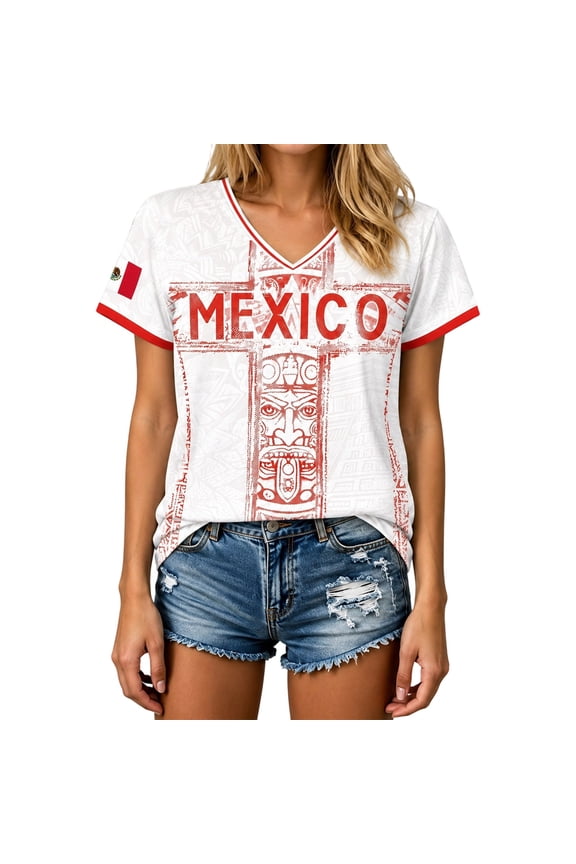 Womens Mexico Soccer Tshirts Short Sleeve International Football T-Shirts for Women Casual V Neck Mexico Flag Graphic Breathable Athletic Tops