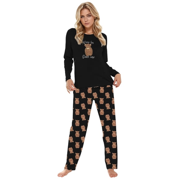 SJLDQY Womens Pajamas Set 2 Peice Pjs Set for Women Casual Cow Graphic Long Sleeve Pajama Tops Pants Soft Comfy Homewear Sleepwear Outfits