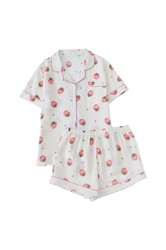 Womens Pajamas Set 2 Peice Pjs Set for Women Strawberry Graphic Short Sleeve Pajama Tops Shorts Soft Comfy Homewear Sleepwear Outfits