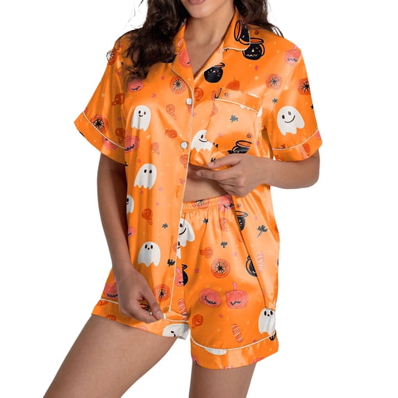 SJLDQY Halloween Womens Pajamas Sets 2 Piece Hallowmas Printed Loungewear Set for Women Short Sleeve Button Down Top and Shorts Pj Sets