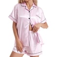 thumbnail image 1 of SJLDQY Womens Satin Pajama Sets 2 Piece Striped Pj Sets Button Down Short Sleeve Top and Shorts Sleepwear, 1 of 6