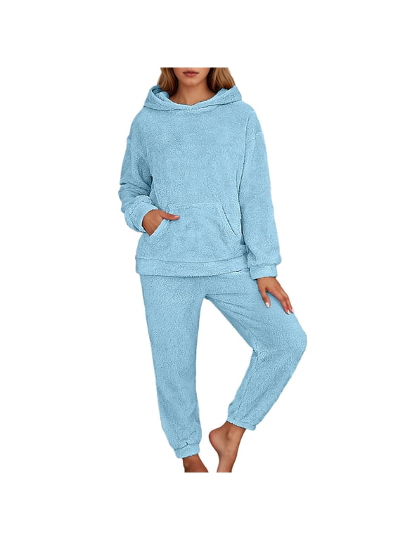 Fleece Pajamas For Women Set 2 Piece Fluffy Hoodies With Pants Pj Sets Soft Comfy Warm Loungewear