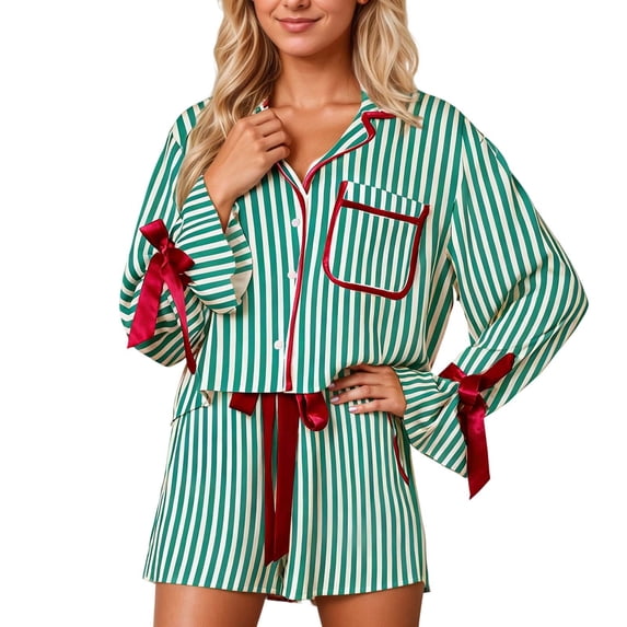 SJLDQY Womens Satin Pajama Sets Cute Button Down Long Sleeve Top and Shorts Pj Sets Striped Bow Tie 2 Piece Loungewear Set