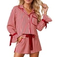 thumbnail image 1 of SJLDQY Womens Satin Pajama Sets Cute Button Down Long Sleeve Top and Shorts Pj Sets Striped Bow Tie 2 Piece Loungewear Set, 1 of 4