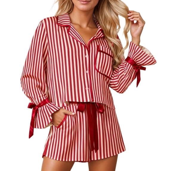 SJLDQY Womens Satin Pajama Sets Cute Button Down Long Sleeve Top and Shorts Pj Sets Striped Bow Tie 2 Piece Loungewear Set