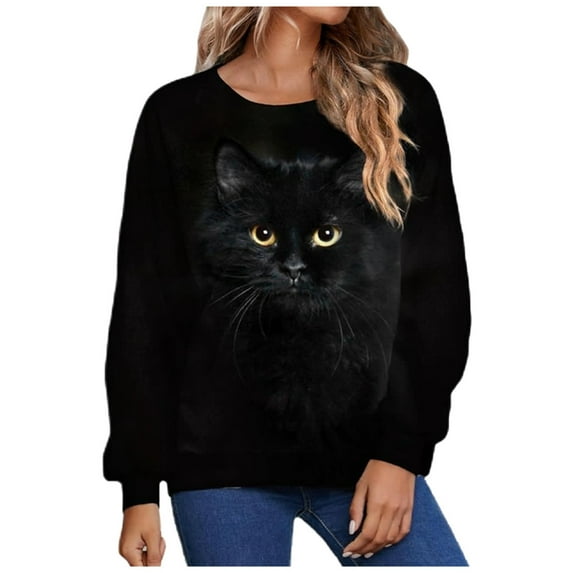SJLDQY Womens Sweatshirt Black Cat Graphic Sweatshirts for Women Trendy Hoodies Long Sleeve Fashion Crewneck Tops 2025 Fall Winter Clothes