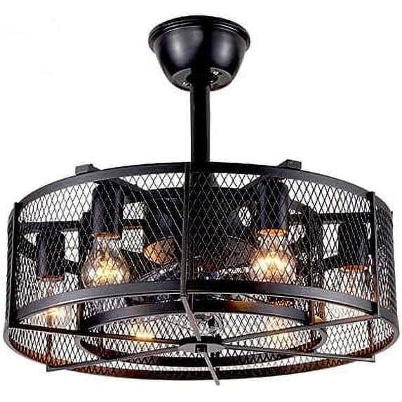 SJOINGB CHANGE 20" Farmhouse Caged Ceiling Fan with Light and Remote Black Enclosed Bladeless Ceiling Fan Industrial Flush Mount Ceiling Fan for Dinning Room Bedroom