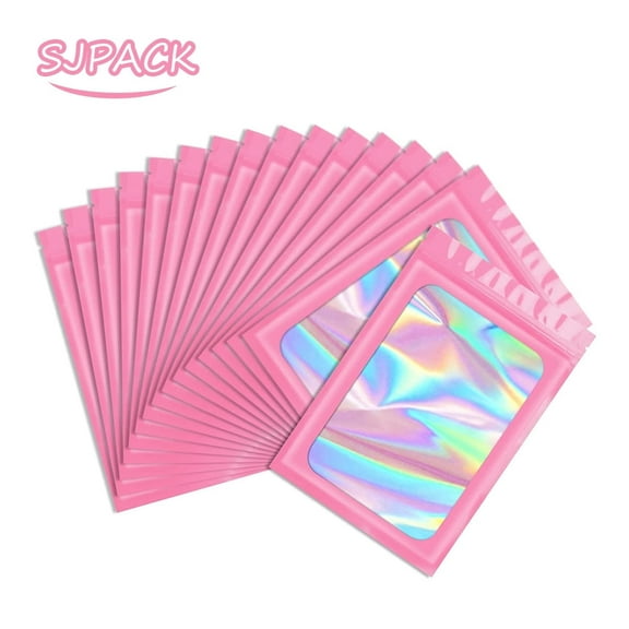 SJPACK 100 PCS Pink Resealable Holographic Bags, Iridescent Mylar Bags with Clear Front Ziplock Foil Packing Pouch Bags for Multipurpose Storage (5.5x7.9In)