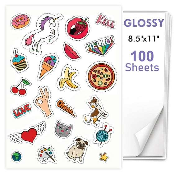 SJPACK 100 Sheets 8.5" x 11"Glossy Printable Vinyl Sticker Paper for Inkjet & Laser Printer, Waterproof, Dries Quickly Vivid Colors