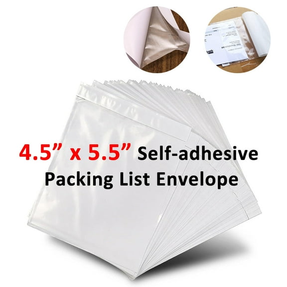 SJPACK 100Pcs 4.5"x5.5" Clear Packing Invoice List Envelopes Enclosed Slip Pouches, Self Adhesive for Invoice Label Packing Slip