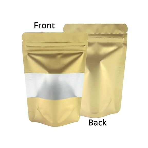 SJPACK 100Pcs Stand Up Mylar Foil Food Storage Bag Smell Proof Resealable Zip Seal Pouch Bags with Matte Window Gold 5.5"x7.9" (14x20cm)