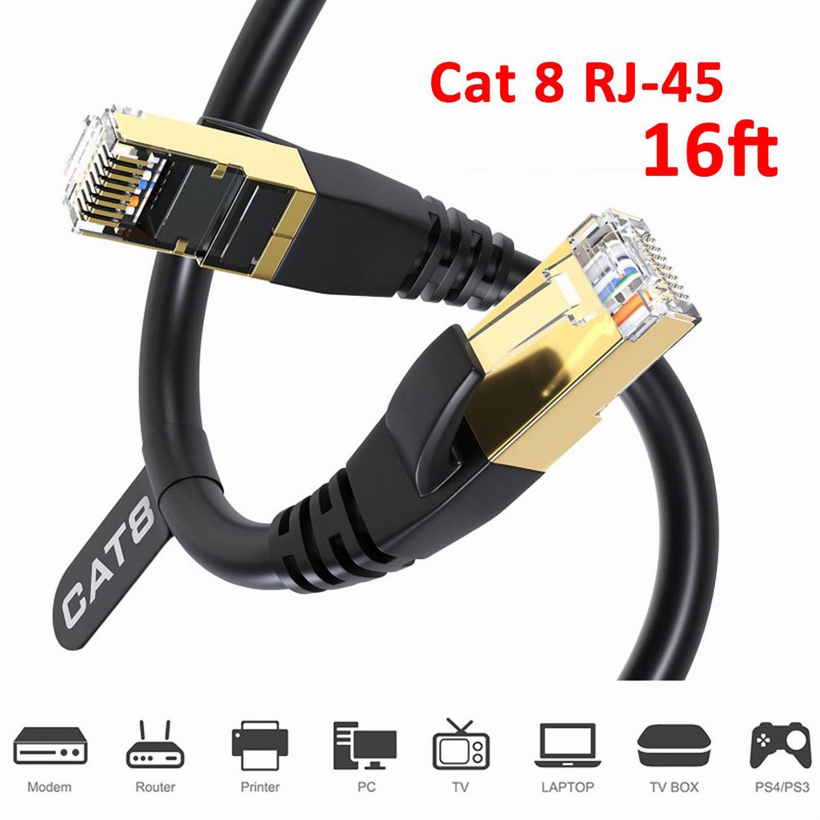 SJPACK 16FT(5m) Black CAT 8 Ethernet RJ45 Cable High Speed 40Gbps LAN Patch Network Gold Plated for Routers, ADSL, Adapters, Modem, Laptop