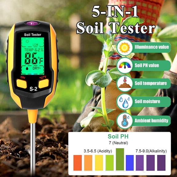 SJPACK 5 in 1 Digital LCD Soil Moisture Meter, PH Moisture Humidity Temperature Test Meter, for Garden, Lawn, Plant Care, Farm and Indoor Outdoor Plants