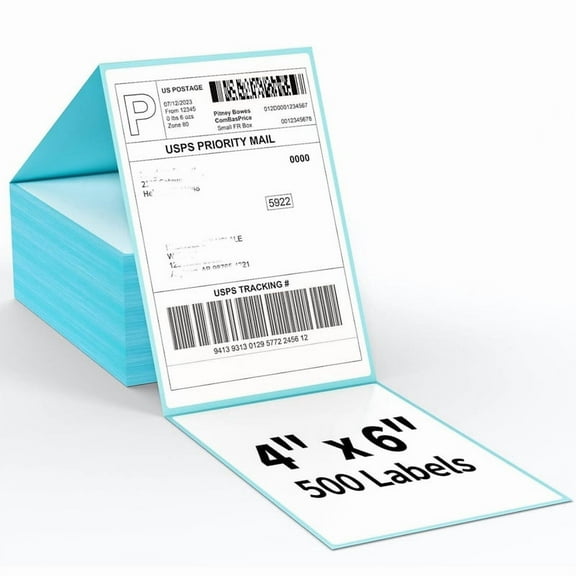 SJPACK 500 Labels 4" x 6" Fanfold Direct Thermal Shipping Labels Blank Perforated Shipping Label Blue Background 1 Stack (500/Stack)