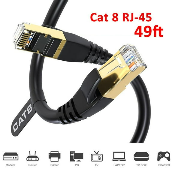 SJPACK 50FT(15m) Black CAT 8 Ethernet RJ45 Cable High Speed 40Gbps LAN Patch Network Gold Plated for Routers, ADSL, Adapters, Modem, Laptop