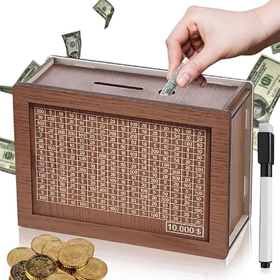SJPACK Cash Vault Wooden Savings Box Cash Saver Money Saving Challenge Coin for $10000 Light Brown