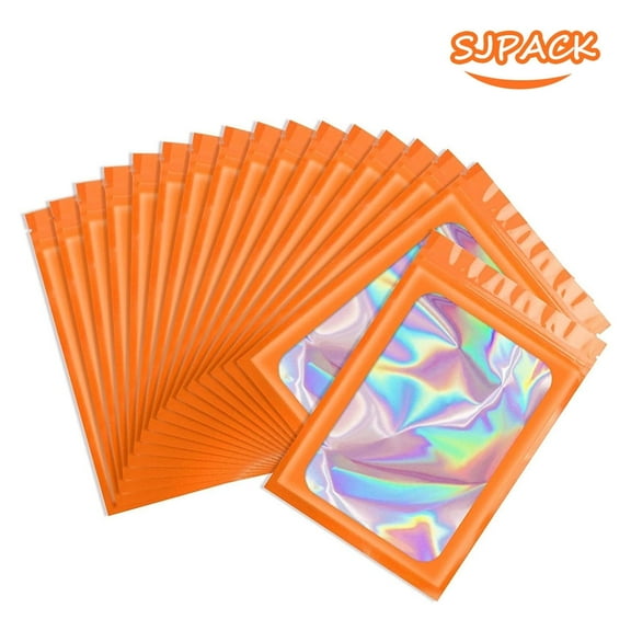 SJPACK Mylar Holographic Bags, Clear Seal Resealable Odor Proof Bags Orange Smell Proof Bags for Spice, Food, Flour, Sweets Packaging (100 Pcs, 3.1 * 5.1inch)