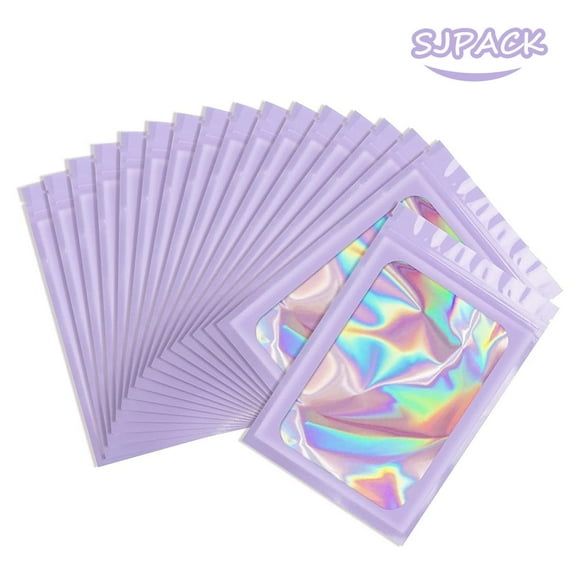 SJPACK Mylar Holographic Bags, Clear Seal Resealable Odor Proof Bags Purple Smell Proof Bags for Spice, Food, Flour, Sweets Packaging (100 Pcs, 3.1 * 5.1inch)