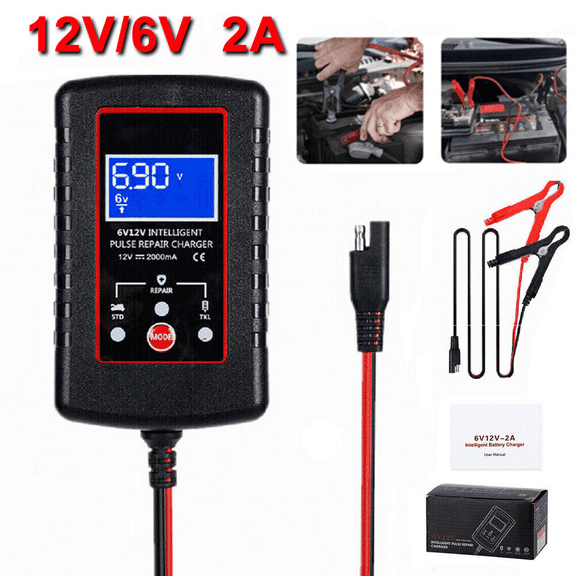 SJPACK Smart Automatic Trickle Charger for Car Battery, 6V/12V Battery Charger Maintainer for Motorcycle Trickle Float, Car, Boat, Marine Black