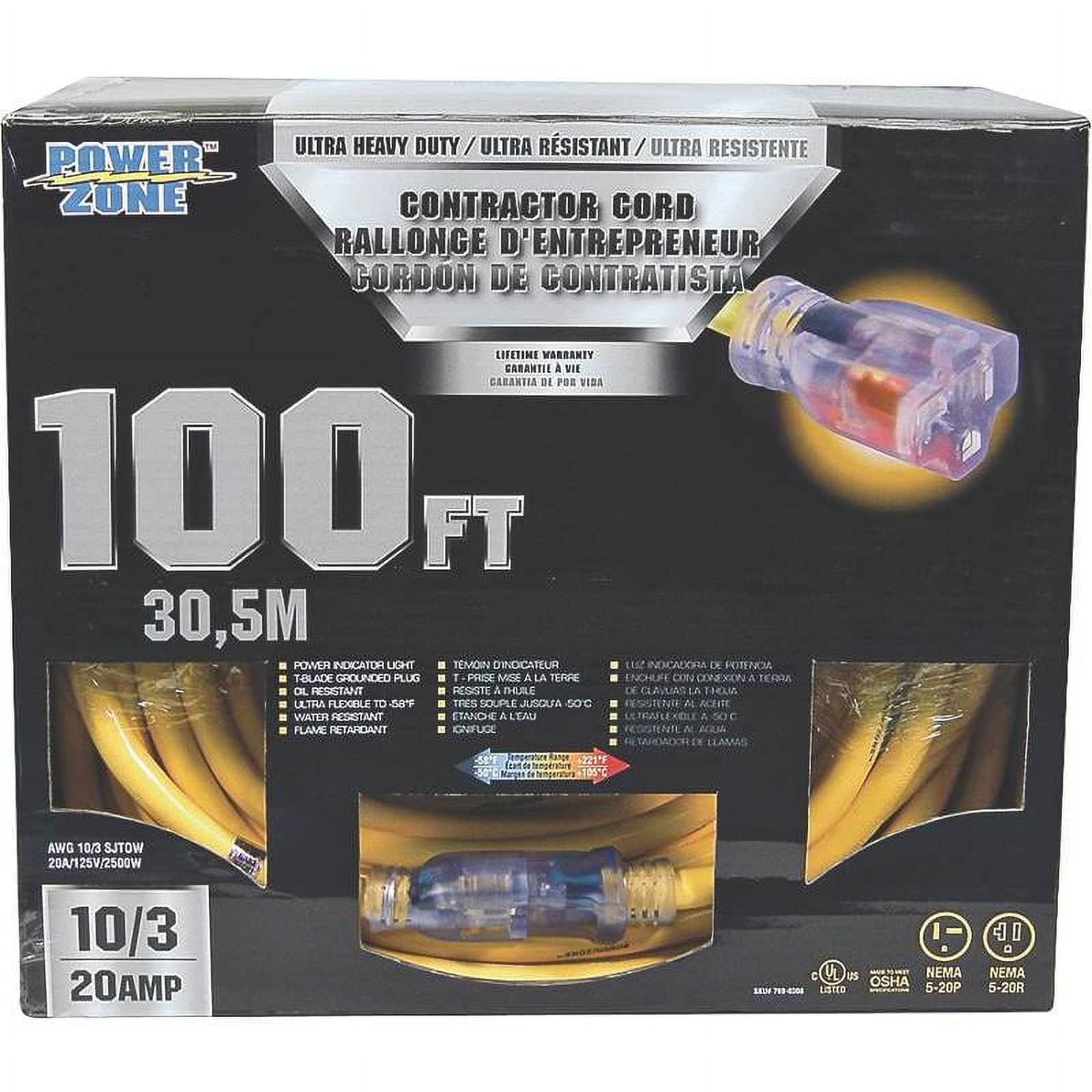 SJTOW Tblade Extension Cord, 10/3, 100', 20A Power Zone Extension Cords