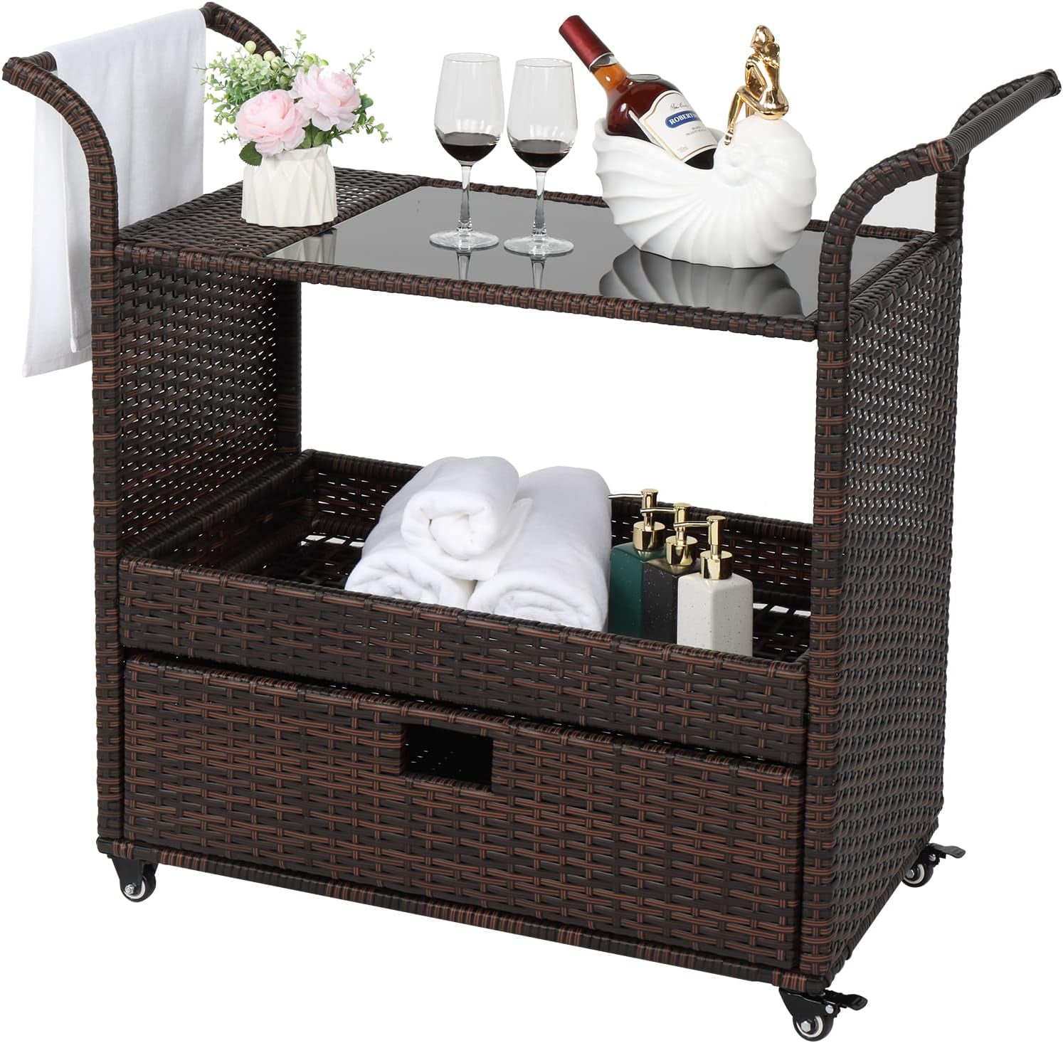 SJUIONG Outdoor Wicker Cart Patio Wine Serving Cart on Wheels with