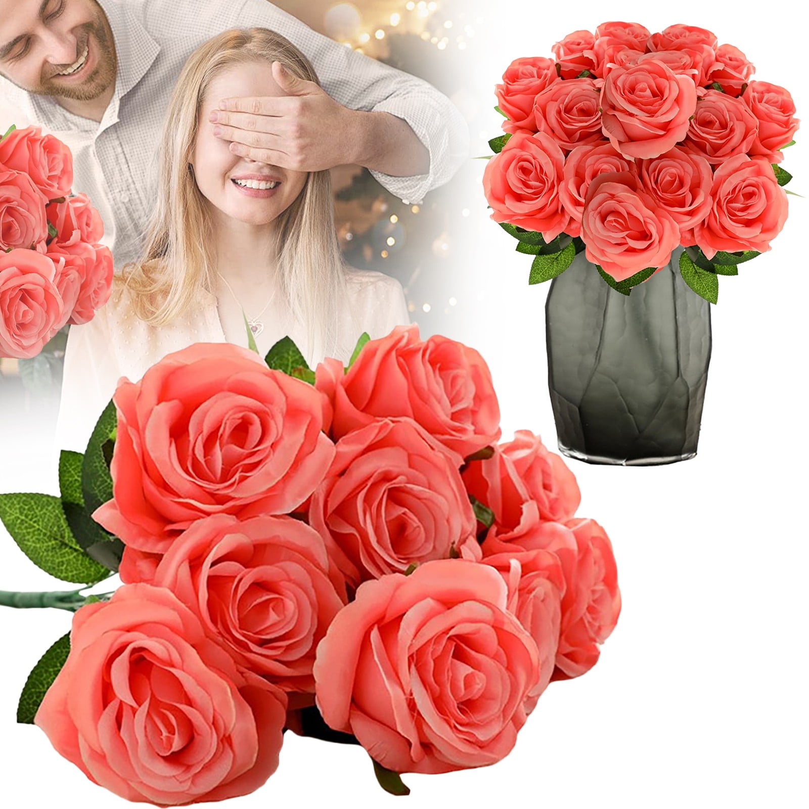 SJYYTT Artificial Realistic Roses Peach Flowers 9 Head Real Touch Silk ...